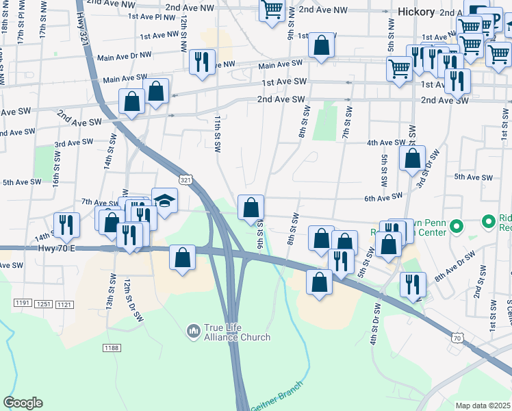 map of restaurants, bars, coffee shops, grocery stores, and more near 709 9th Street Southwest in Hickory