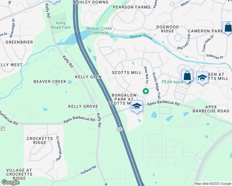 map of restaurants, bars, coffee shops, grocery stores, and more near 1018 Bungalow Park Drive in Apex