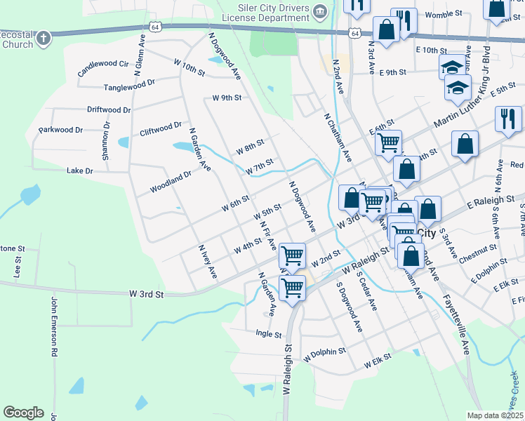 map of restaurants, bars, coffee shops, grocery stores, and more near 514 West 5th Street in Siler City