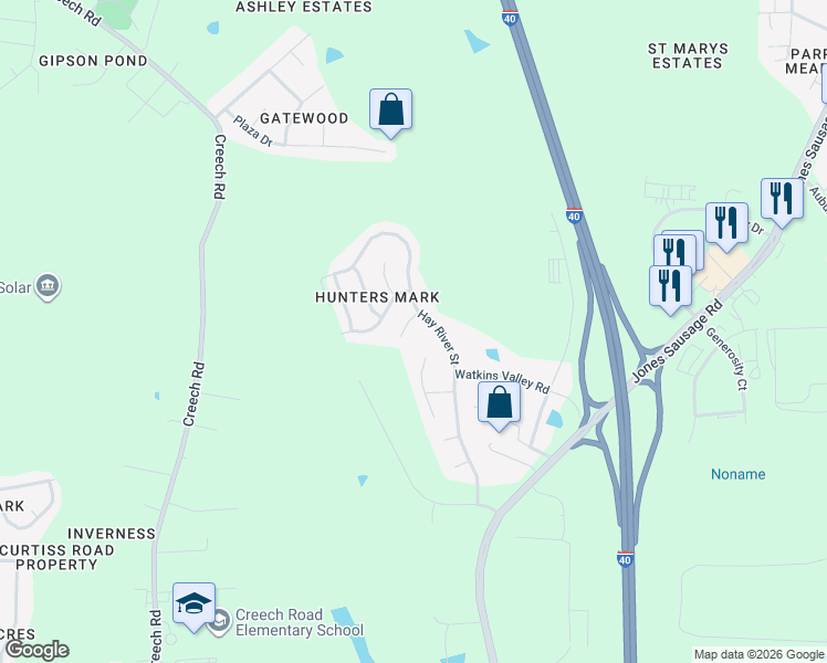 map of restaurants, bars, coffee shops, grocery stores, and more near 117 Alaverde Way in Garner