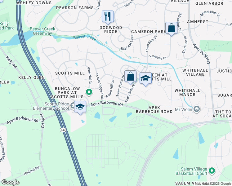 map of restaurants, bars, coffee shops, grocery stores, and more near 1716 Town Home Drive in Apex