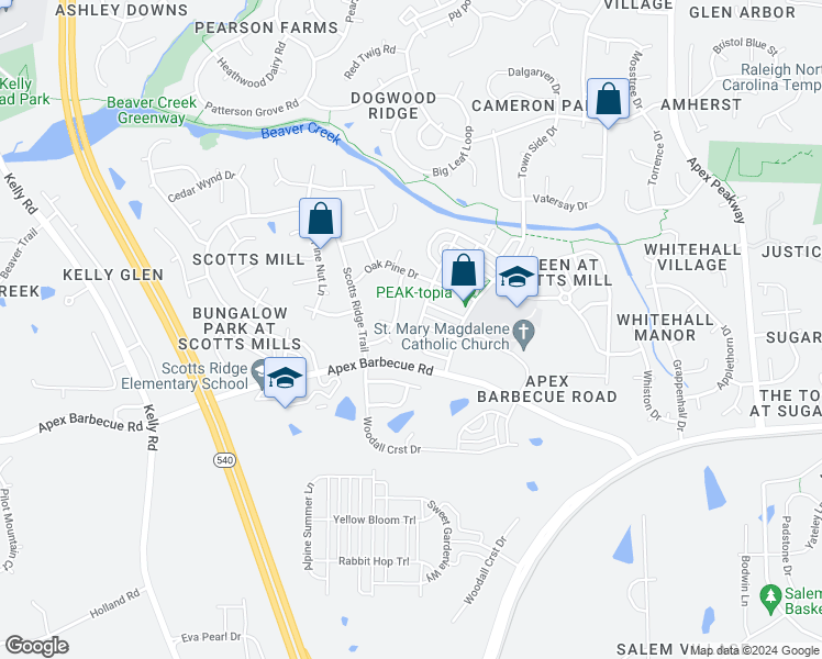 map of restaurants, bars, coffee shops, grocery stores, and more near 1716 Town Home Drive in Apex