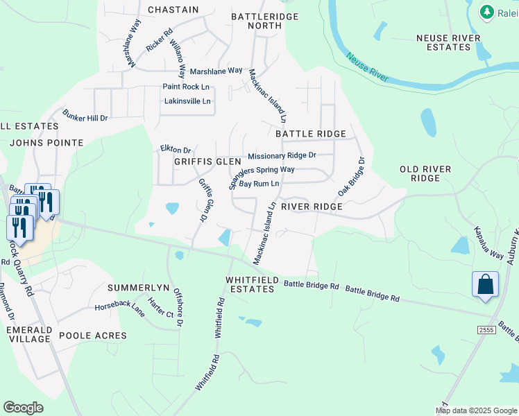 map of restaurants, bars, coffee shops, grocery stores, and more near 4021 Alder Grove Lane in Raleigh