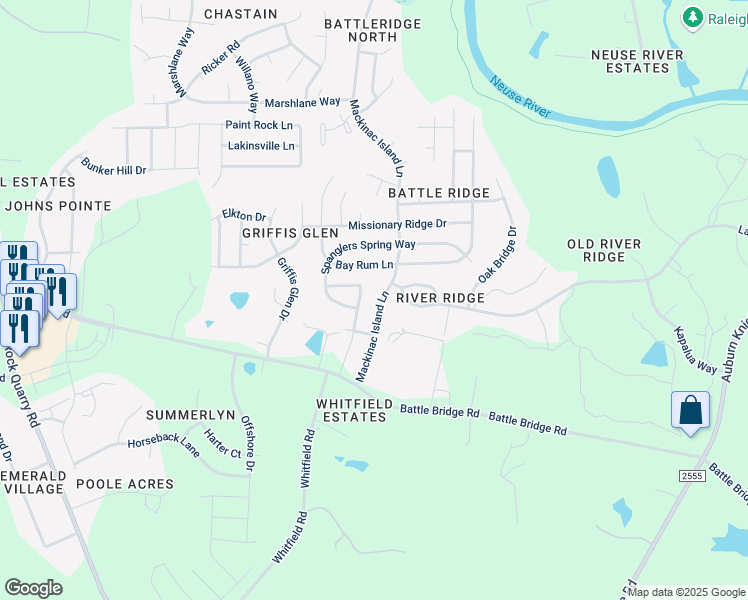 map of restaurants, bars, coffee shops, grocery stores, and more near 4016 Mackinac Island Lane in Raleigh