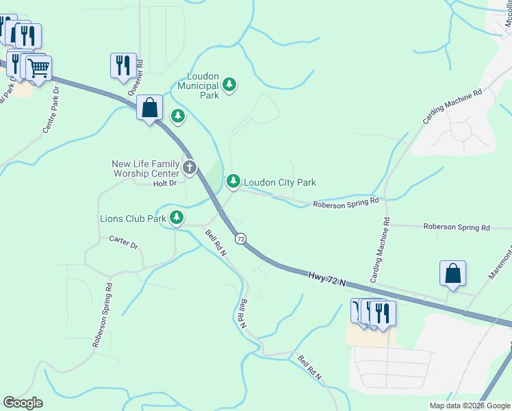 map of restaurants, bars, coffee shops, grocery stores, and more near 1441 Roberson Spring Road in Loudon