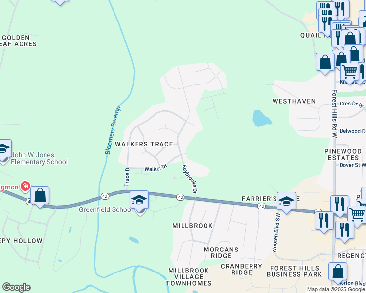 map of restaurants, bars, coffee shops, grocery stores, and more near 3502 Baybrooke Drive in Wilson