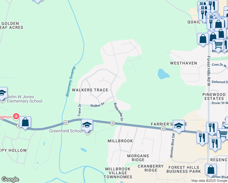 map of restaurants, bars, coffee shops, grocery stores, and more near 3502 Baybrooke Drive in Wilson
