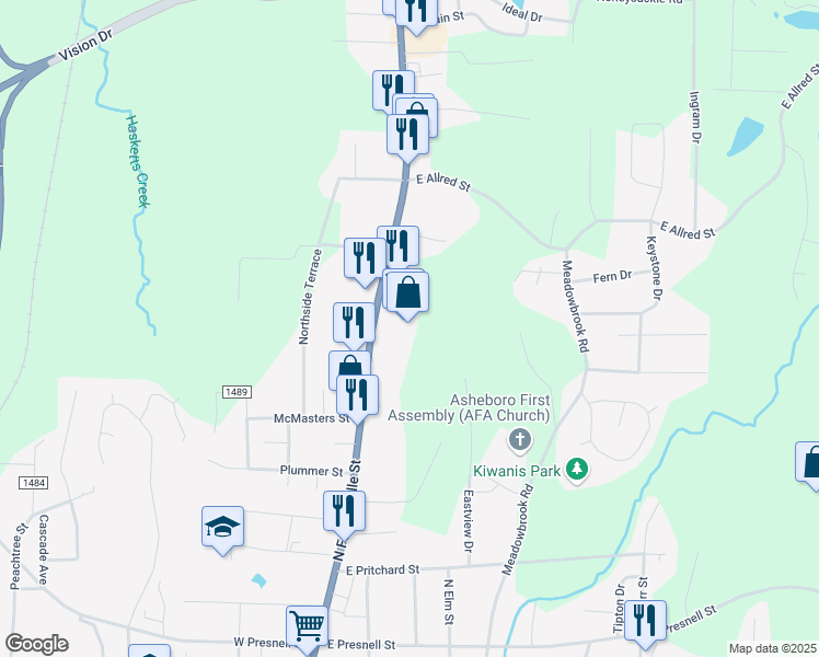 map of restaurants, bars, coffee shops, grocery stores, and more near 1200 North Fayetteville Street in Asheboro