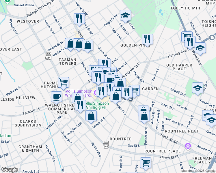 map of restaurants, bars, coffee shops, grocery stores, and more near 120 Goldsboro Street South in Wilson
