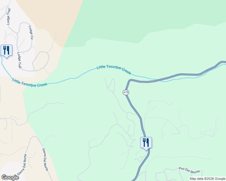 map of restaurants, bars, coffee shops, grocery stores, and more near 1416 Tesuque Creek Road in Santa Fe