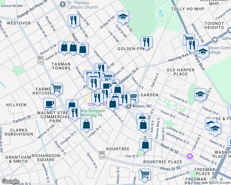map of restaurants, bars, coffee shops, grocery stores, and more near 224 Nash Street North in Wilson