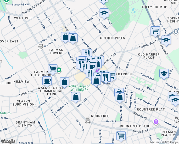 map of restaurants, bars, coffee shops, grocery stores, and more near 201 Goldsboro Street South in Wilson