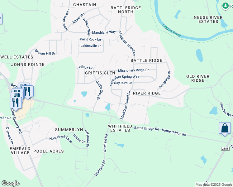 map of restaurants, bars, coffee shops, grocery stores, and more near 4041 Alder Grove Lane in Raleigh