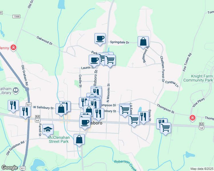 map of restaurants, bars, coffee shops, grocery stores, and more near 23 Lee Street in Pittsboro