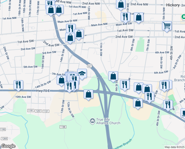 map of restaurants, bars, coffee shops, grocery stores, and more near in Hickory