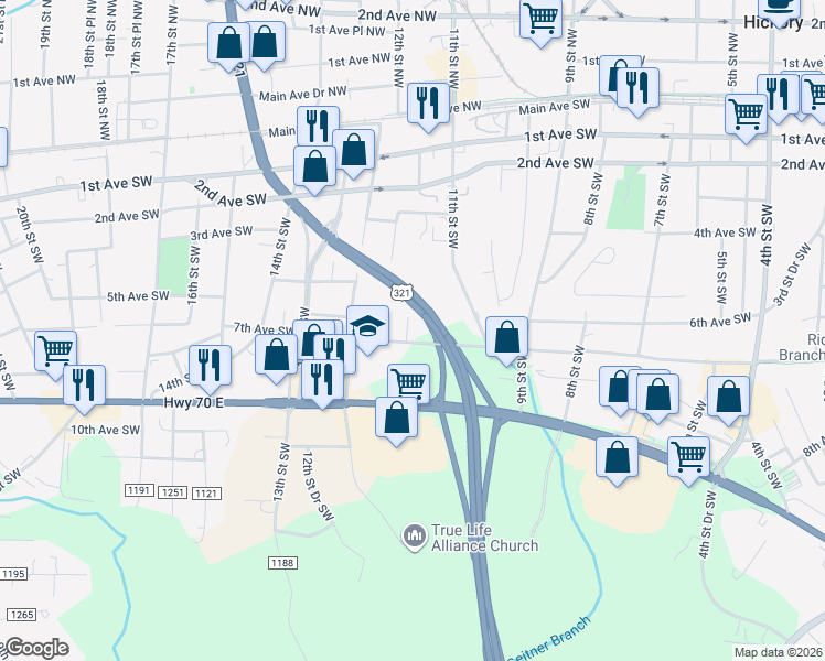 map of restaurants, bars, coffee shops, grocery stores, and more near in Hickory