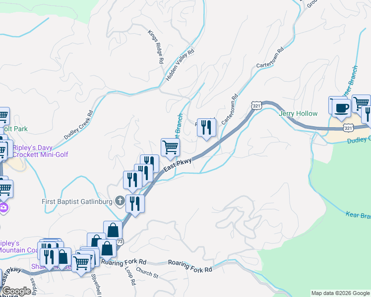 map of restaurants, bars, coffee shops, grocery stores, and more near 913 East Parkway in Gatlinburg