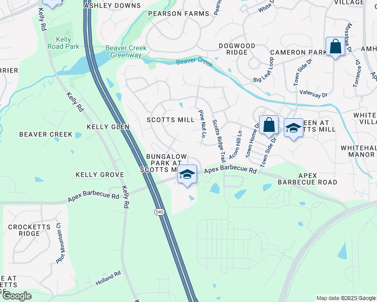 map of restaurants, bars, coffee shops, grocery stores, and more near 104 Berrygarden Court in Apex