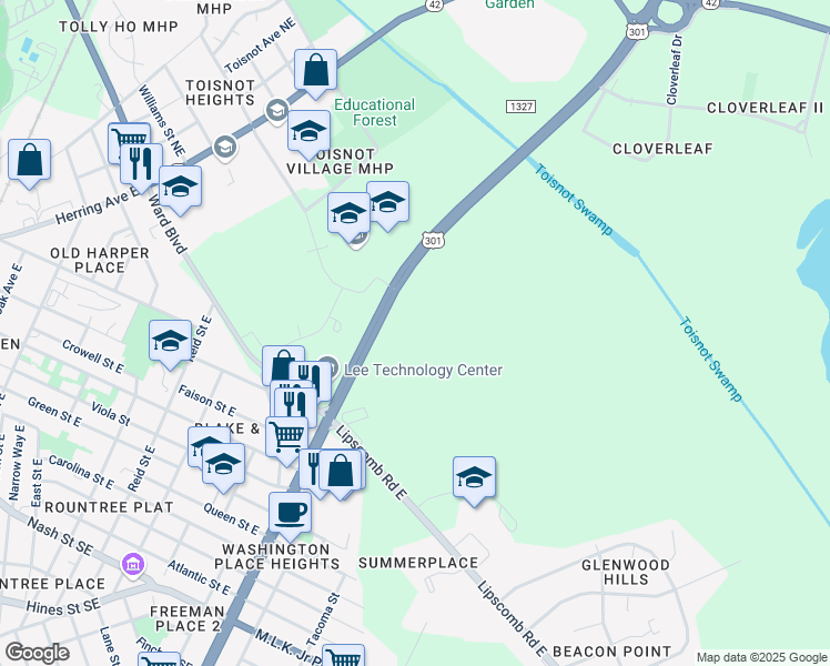 map of restaurants, bars, coffee shops, grocery stores, and more near in Wilson