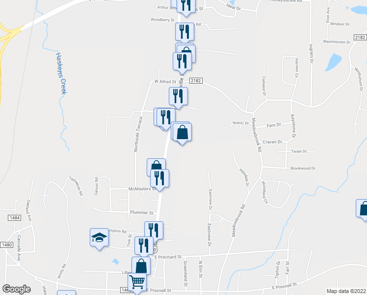 map of restaurants, bars, coffee shops, grocery stores, and more near 1200 North Fayetteville Street in Asheboro