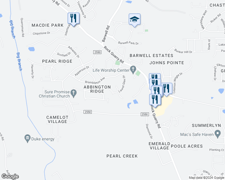 map of restaurants, bars, coffee shops, grocery stores, and more near 5829 Flat Fern Drive in Raleigh