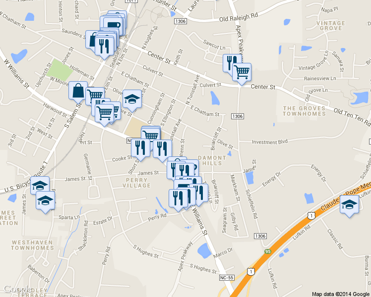 map of restaurants, bars, coffee shops, grocery stores, and more near 305 Wrenn Street in Apex