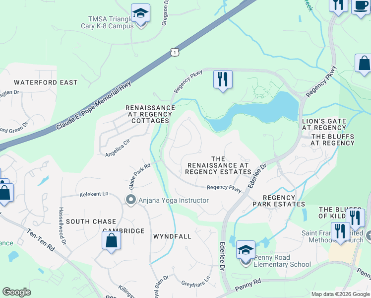 map of restaurants, bars, coffee shops, grocery stores, and more near 108 Highclere Lane in Cary