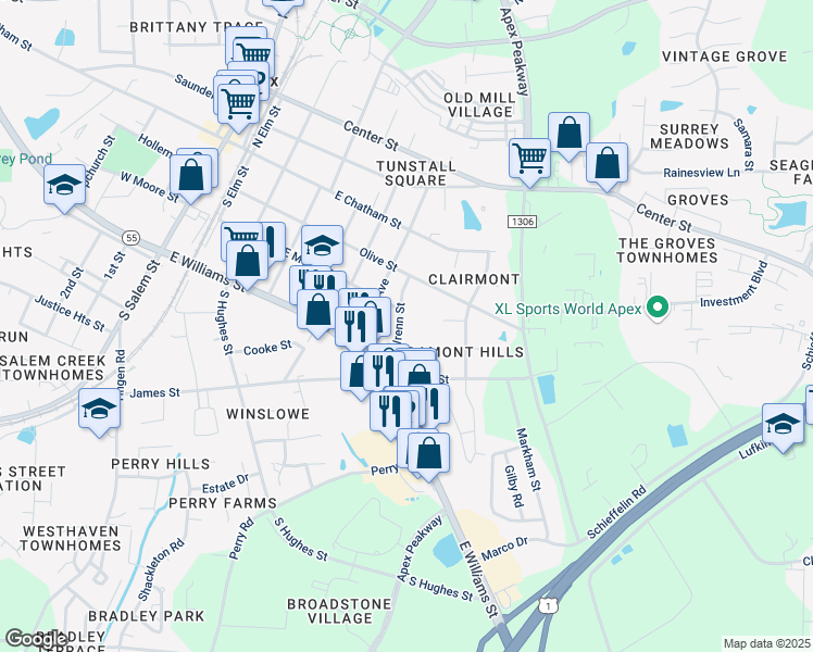 map of restaurants, bars, coffee shops, grocery stores, and more near 305 Wrenn Street in Apex