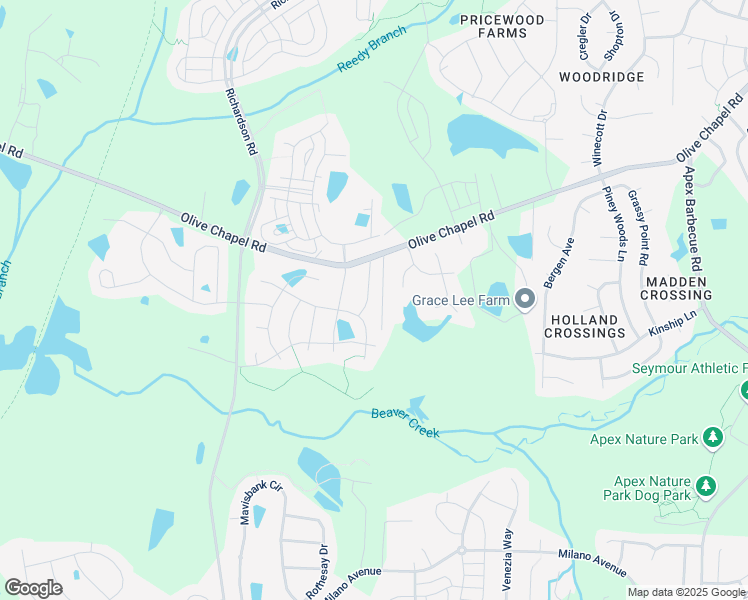 map of restaurants, bars, coffee shops, grocery stores, and more near 1533 Thassos Drive in Apex