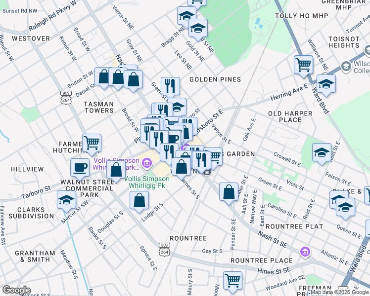 map of restaurants, bars, coffee shops, grocery stores, and more near 101 Goldsboro St E in Wilson