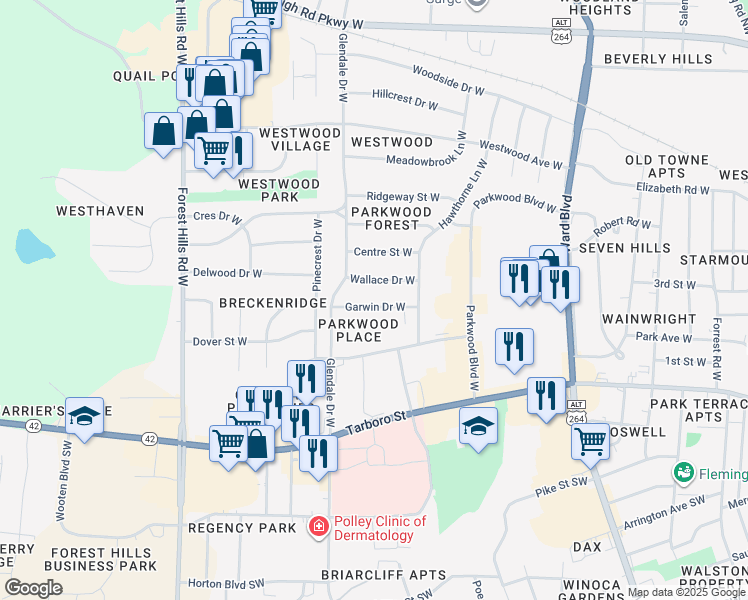 map of restaurants, bars, coffee shops, grocery stores, and more near 1715 Wallace Drive West in Wilson