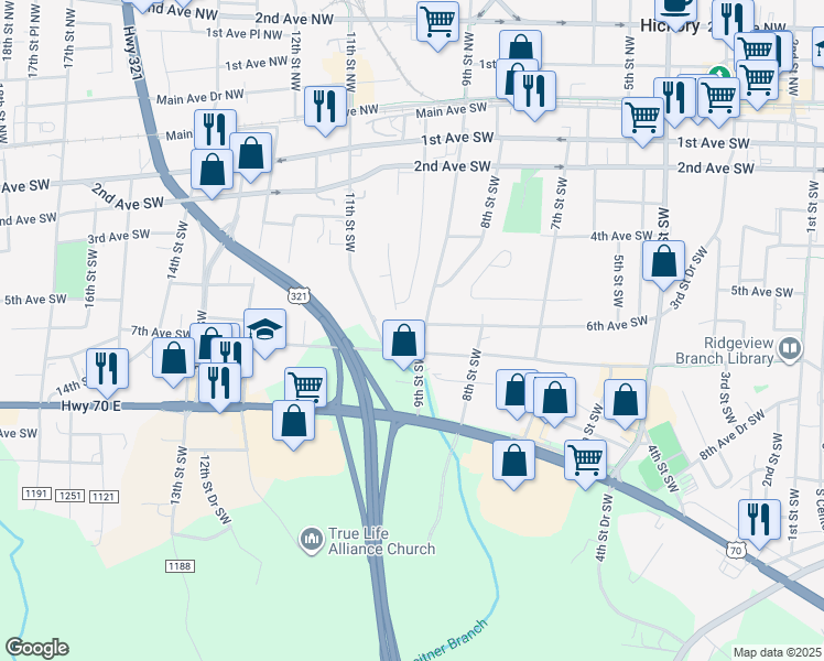 map of restaurants, bars, coffee shops, grocery stores, and more near 522 9th Street Southwest in Hickory