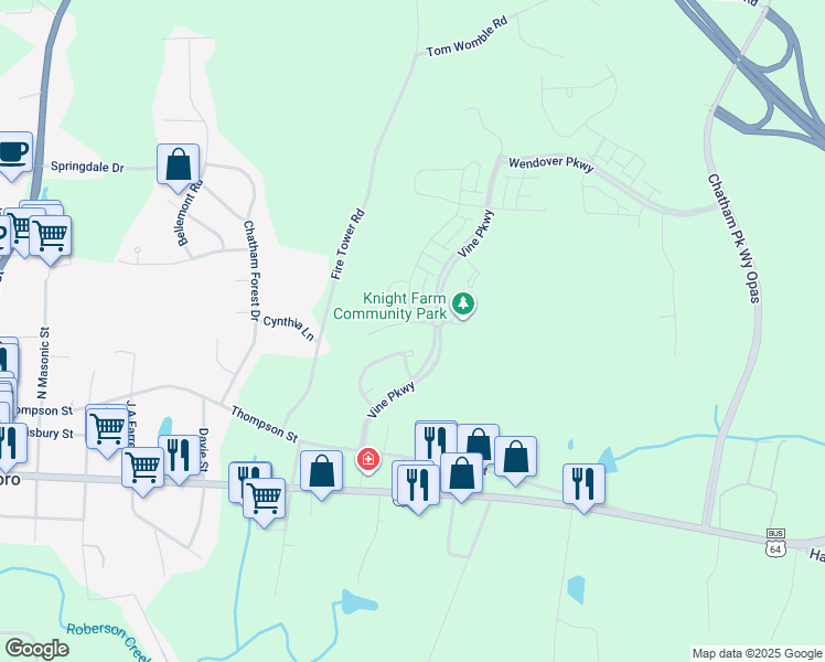 map of restaurants, bars, coffee shops, grocery stores, and more near 65 Edgefield Street in Pittsboro