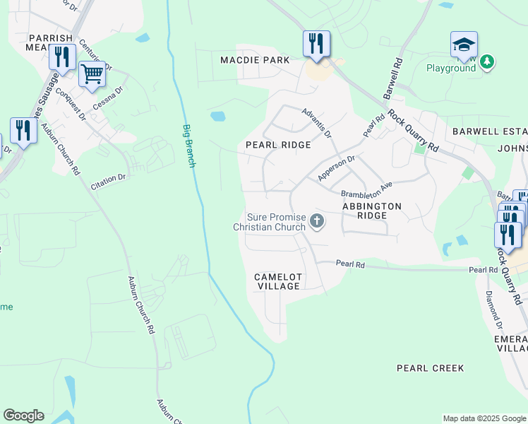 map of restaurants, bars, coffee shops, grocery stores, and more near 4116 Pearl Road in Raleigh