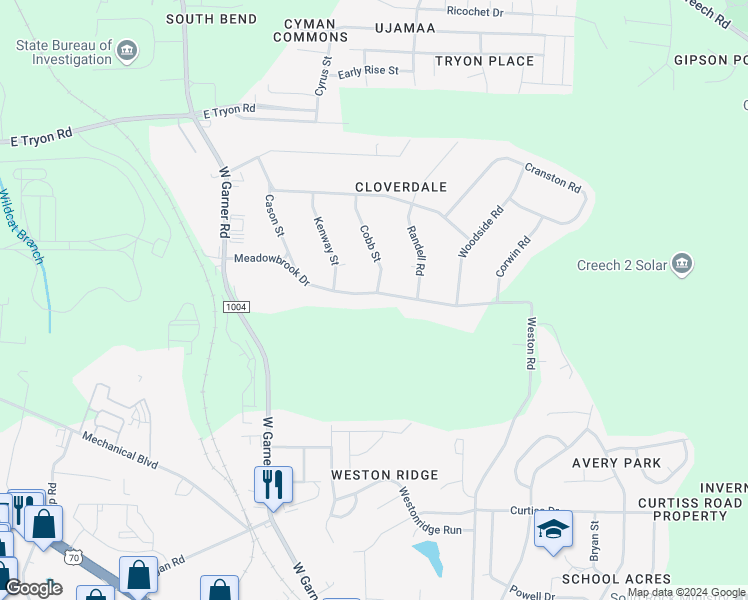 map of restaurants, bars, coffee shops, grocery stores, and more near 1112 Meadowbrook Drive in Garner