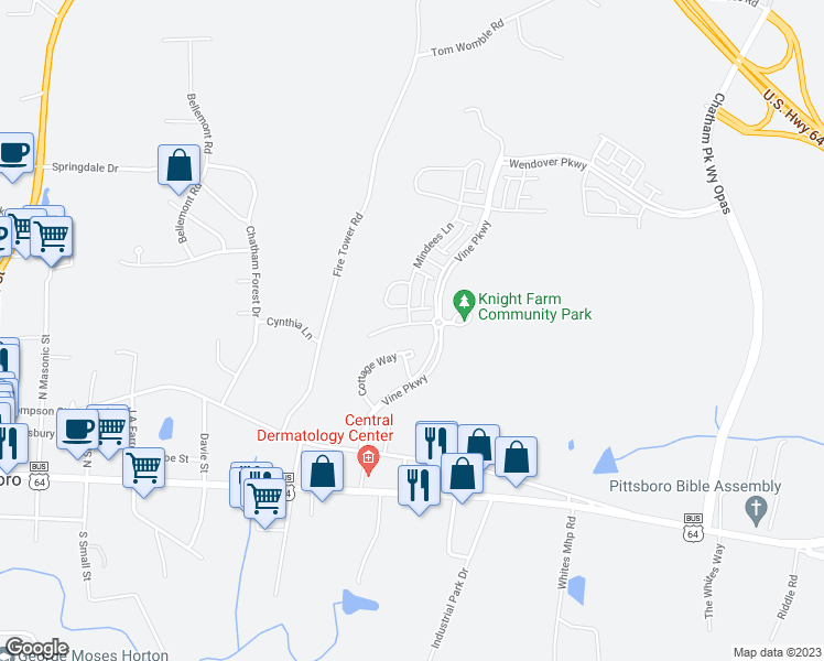 map of restaurants, bars, coffee shops, grocery stores, and more near 65 Edgefield Street in Pittsboro