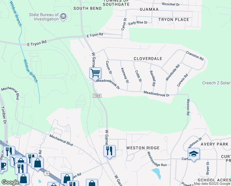 map of restaurants, bars, coffee shops, grocery stores, and more near 1006 Meadowbrook Drive in Garner