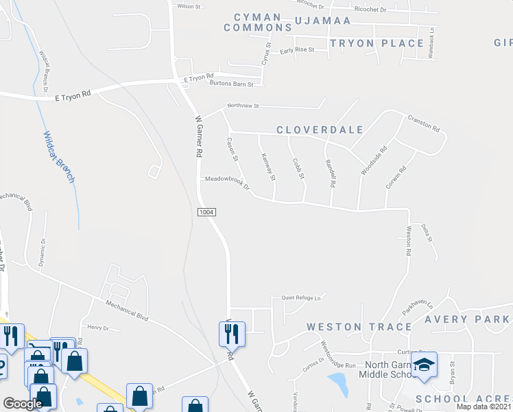 map of restaurants, bars, coffee shops, grocery stores, and more near 1008 Meadowbrook Drive in Garner