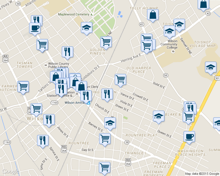 map of restaurants, bars, coffee shops, grocery stores, and more near 503 Vance Street East in Wilson