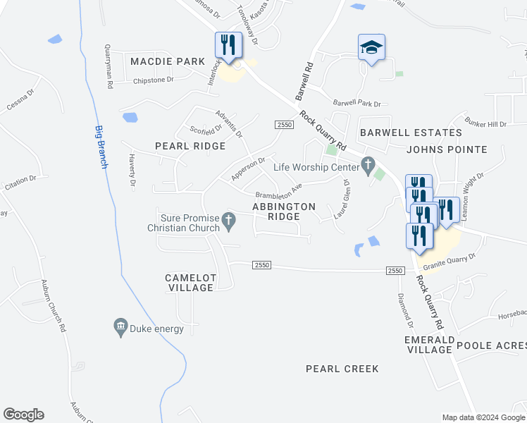 map of restaurants, bars, coffee shops, grocery stores, and more near 5809 Forest Point Road in Raleigh