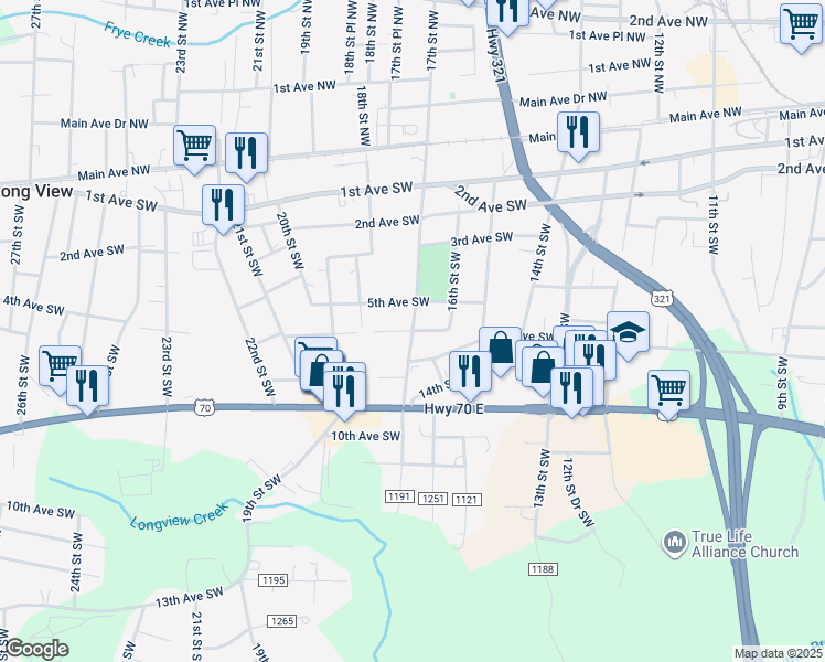map of restaurants, bars, coffee shops, grocery stores, and more near 700 17th Street Southwest in Hickory