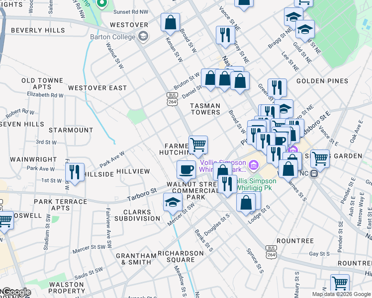 map of restaurants, bars, coffee shops, grocery stores, and more near 206 Spruce Street West in Wilson