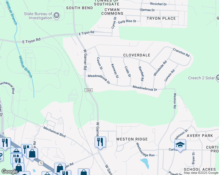 map of restaurants, bars, coffee shops, grocery stores, and more near 1008 Meadowbrook Drive in Garner