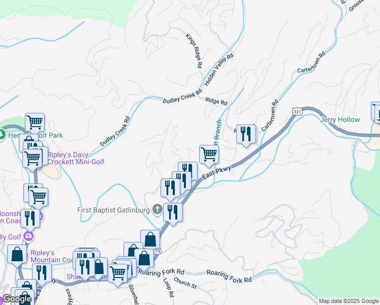 map of restaurants, bars, coffee shops, grocery stores, and more near 255 Laurel Oaks Way in Gatlinburg