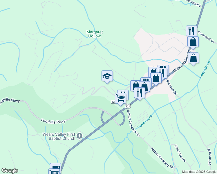 map of restaurants, bars, coffee shops, grocery stores, and more near 3150 Wearwood Drive in Sevierville