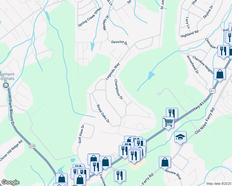 map of restaurants, bars, coffee shops, grocery stores, and more near 3027 Champions Drive in Maryville