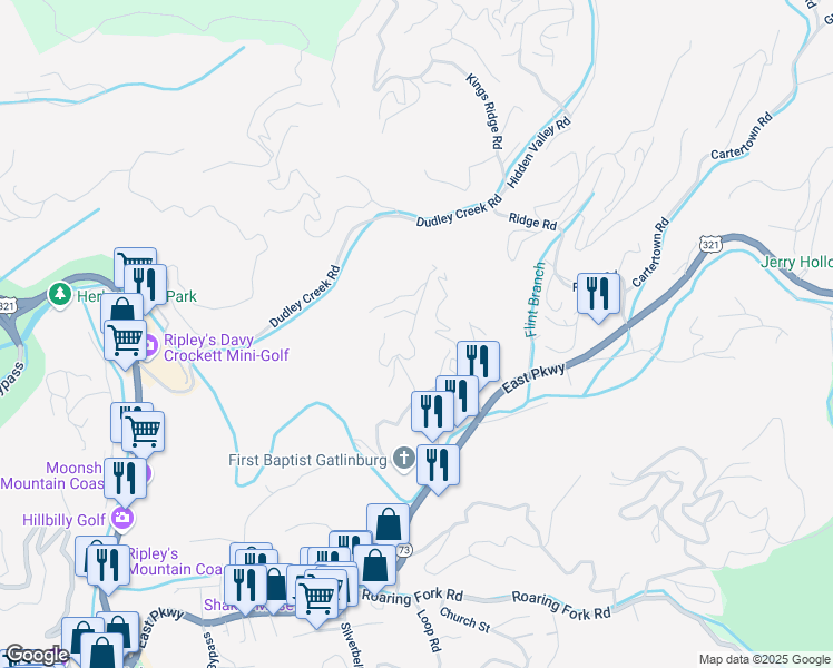 map of restaurants, bars, coffee shops, grocery stores, and more near 327 West Pinnacle Drive in Gatlinburg