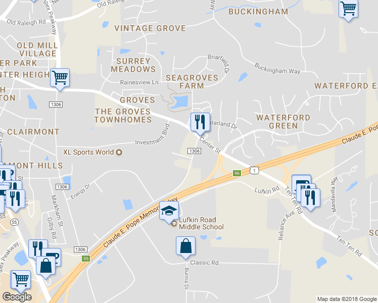 map of restaurants, bars, coffee shops, grocery stores, and more near 2629 Schieffelin Road in Apex