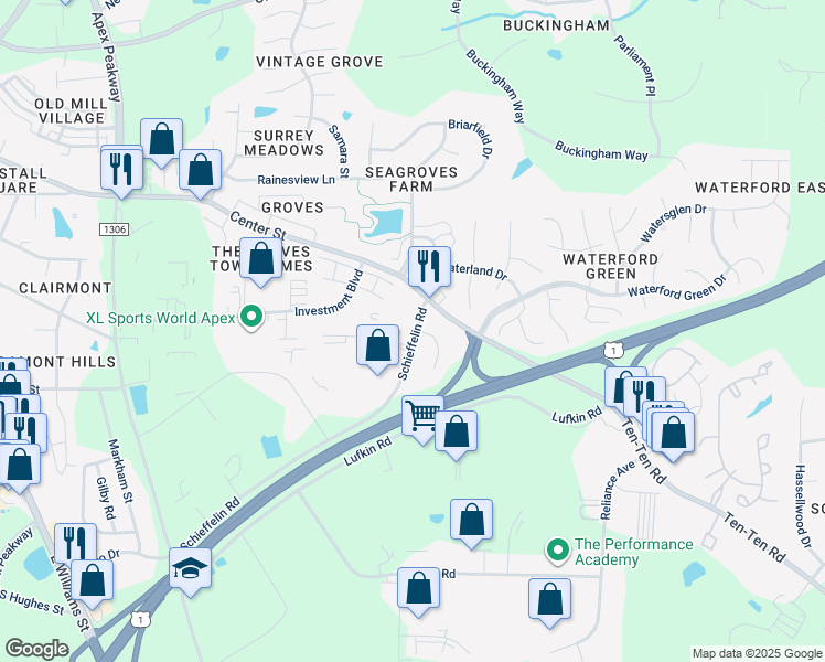 map of restaurants, bars, coffee shops, grocery stores, and more near 2629 Schieffelin Road in Apex