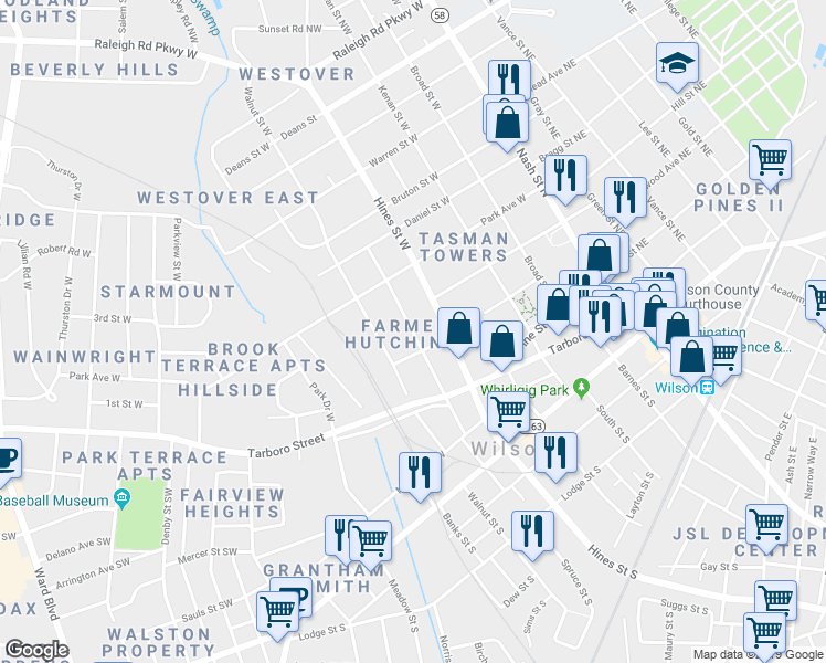 map of restaurants, bars, coffee shops, grocery stores, and more near 220 Spruce Street West in Wilson